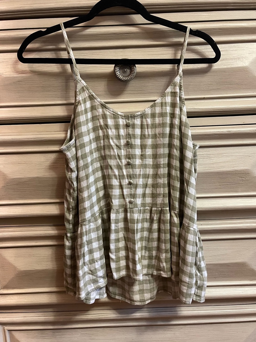 Gingham Plaid Peplum Cami Tank Top Olive Green White Button Front Spaghetti L